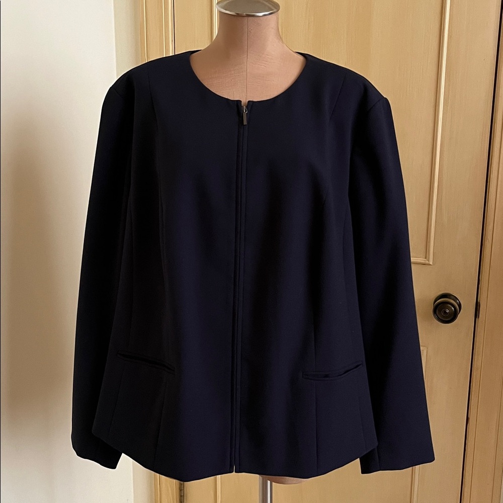 TALBOTS Career Travel Preppy Navy Collarless Hidden Zipper 2 Pocket Blazer 22W